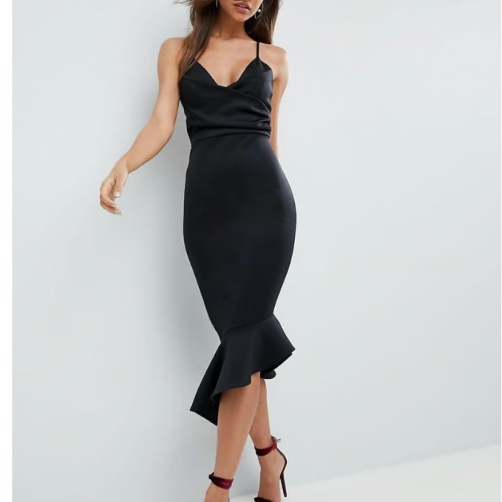 ASOS asymmetrical Scuba Cami Pephefishtail hem formal midi cocktail dress size 2